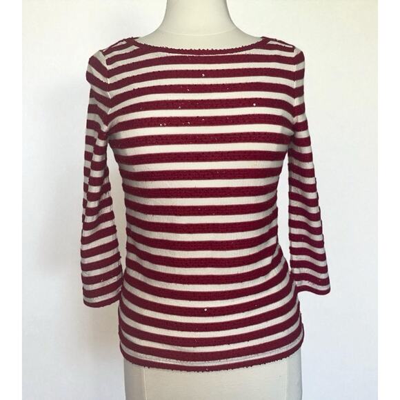 Talbots XS Sparkly Red Striped Size Can 3/4 Sleeves Boat Neck Coastal Holiday - Picture 1 of 10